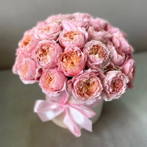 Композиция в шляпной коробке из кустовой пионовидной розы Джульетта в Луховицах