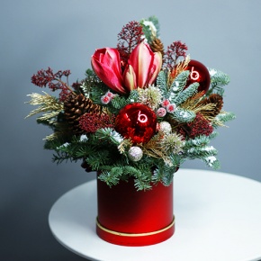 Зимняя композиция "Красный бархат" из нобилиса и амариллиса