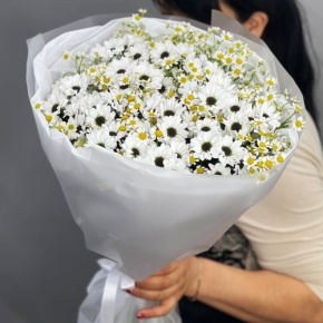 Букет "Понарошку" из хризантем сантини и ромашек в Луховицах